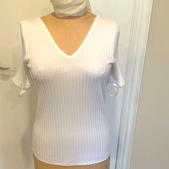 Helmet Lang white rib knit Tshirt low neck with extra rib bar sleeve detail - Picture 1 of 5